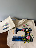 Blue Sewing Machine With Flowers Tote Bag With Matching Zipper Pouch