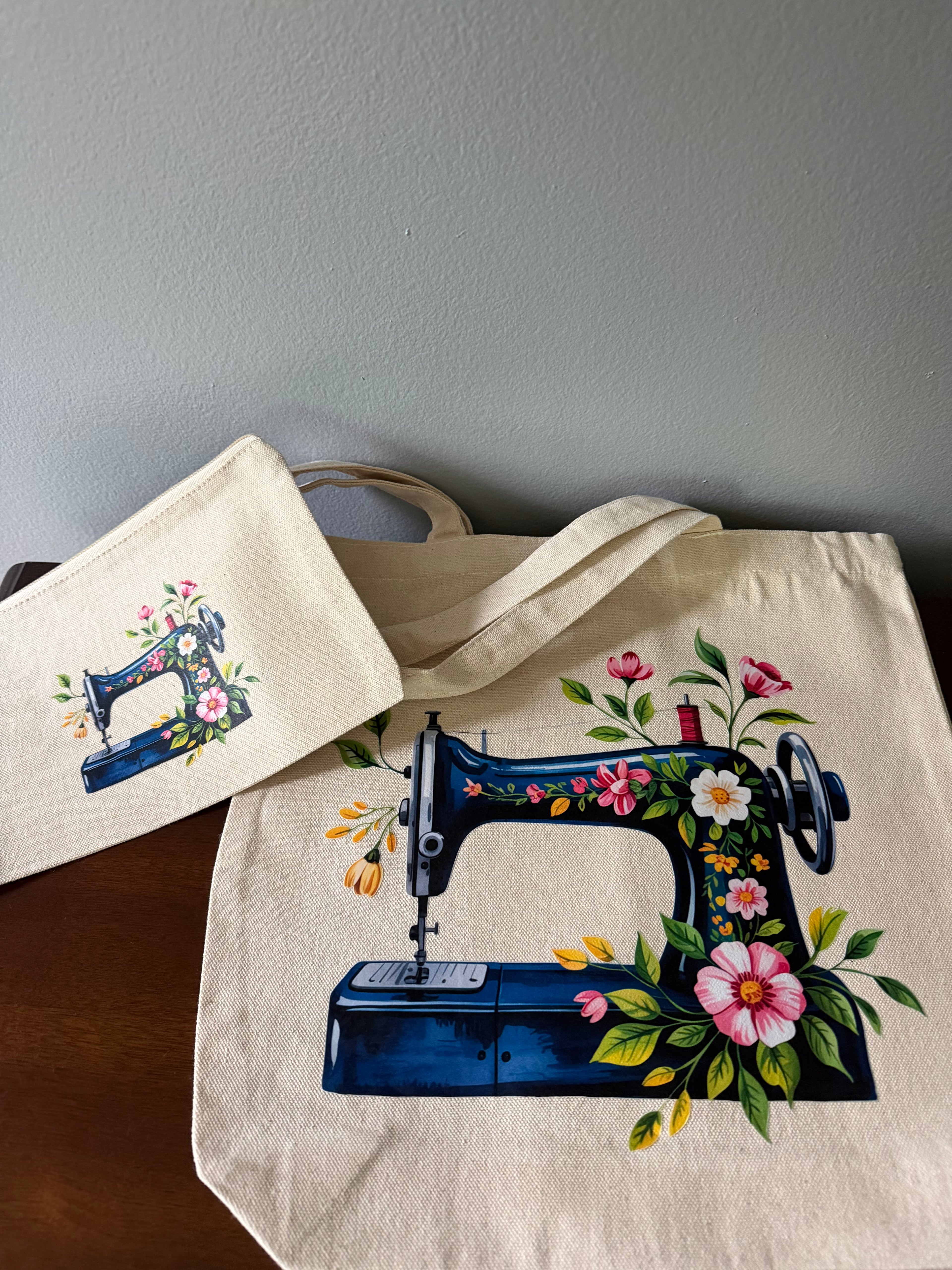Blue Sewing Machine With Flowers Tote Bag With Matching Zipper Pouch