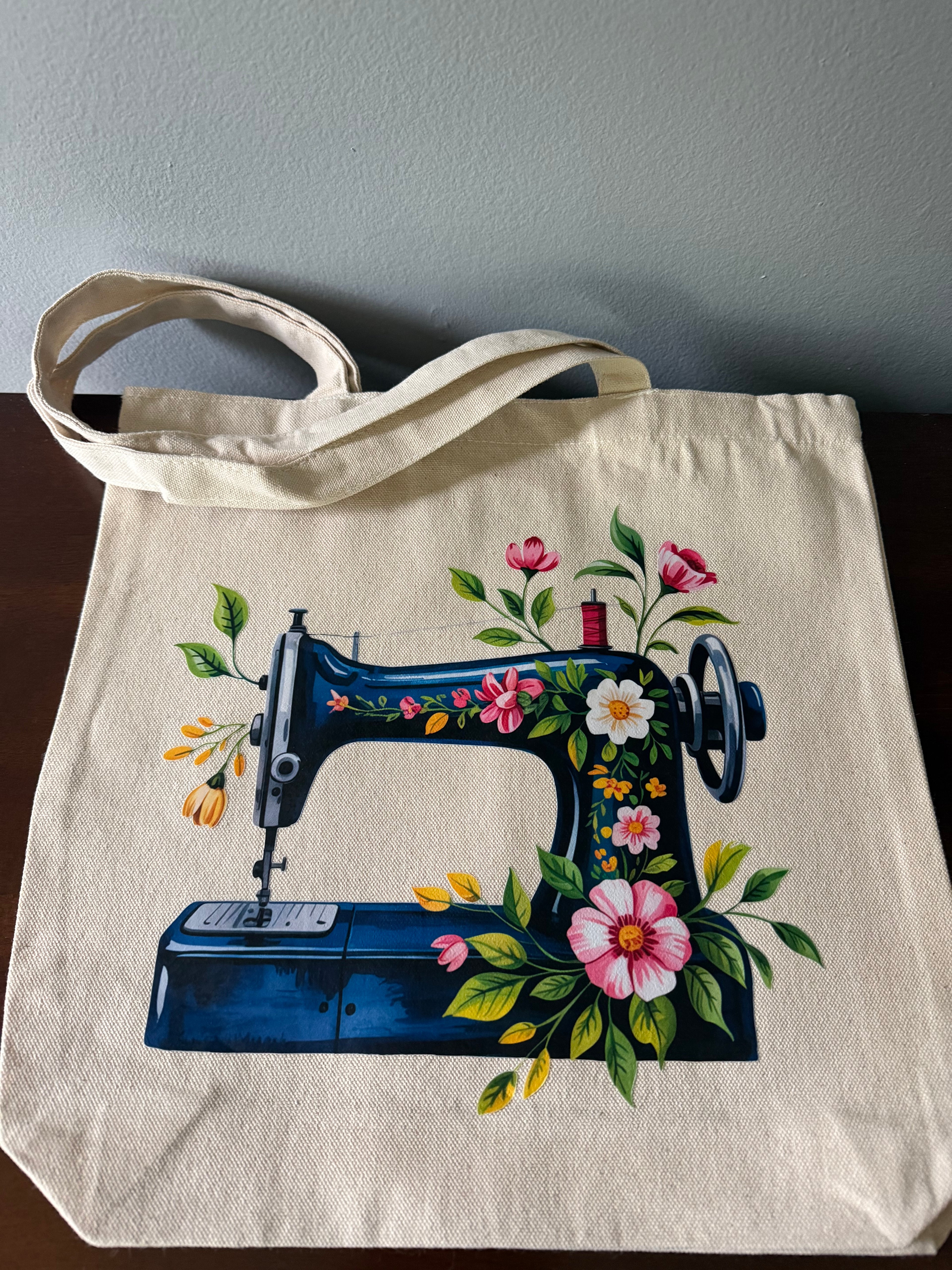 Blue Sewing Machine With Flowers Tote Bag With Matching Zipper Pouch