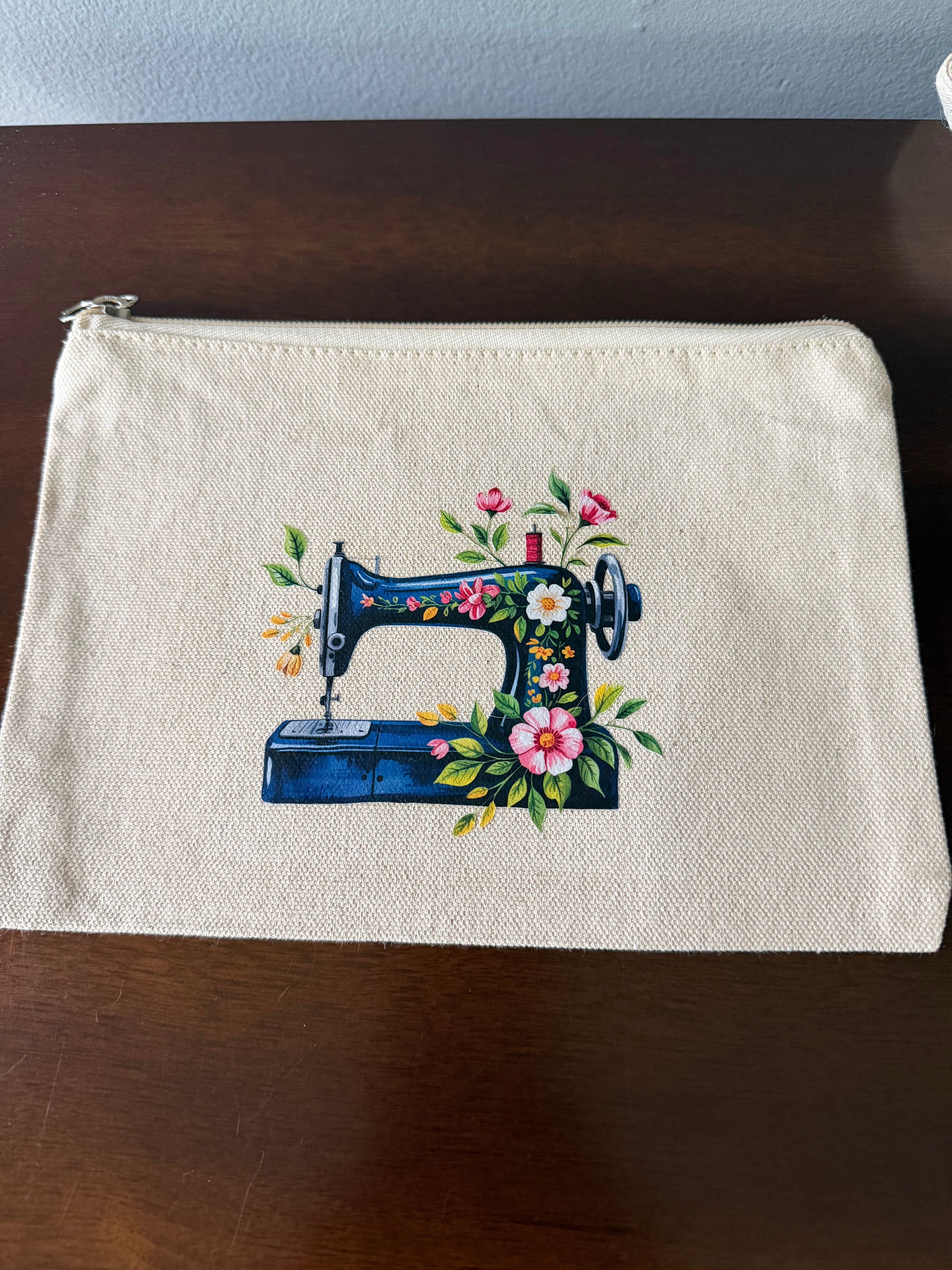 Blue Sewing Machine With Flowers Tote Bag With Matching Zipper Pouch