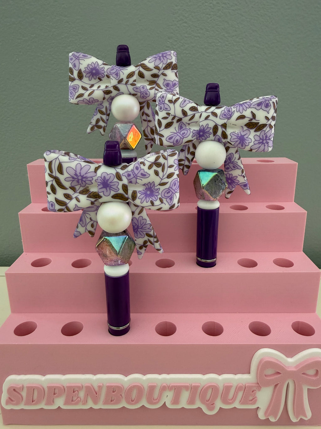 Purple Bow Beaded Pen with Flowers