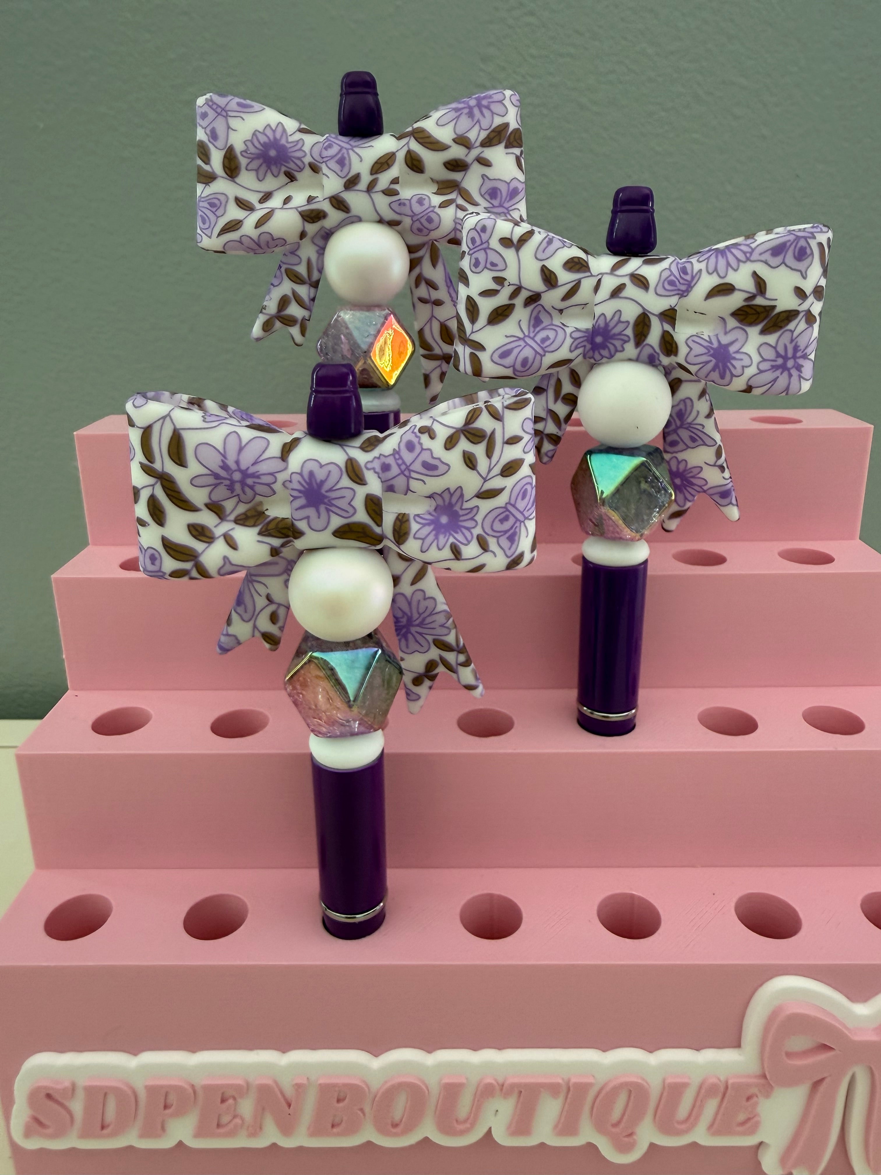 Purple Bow Beaded Pen with Flowers