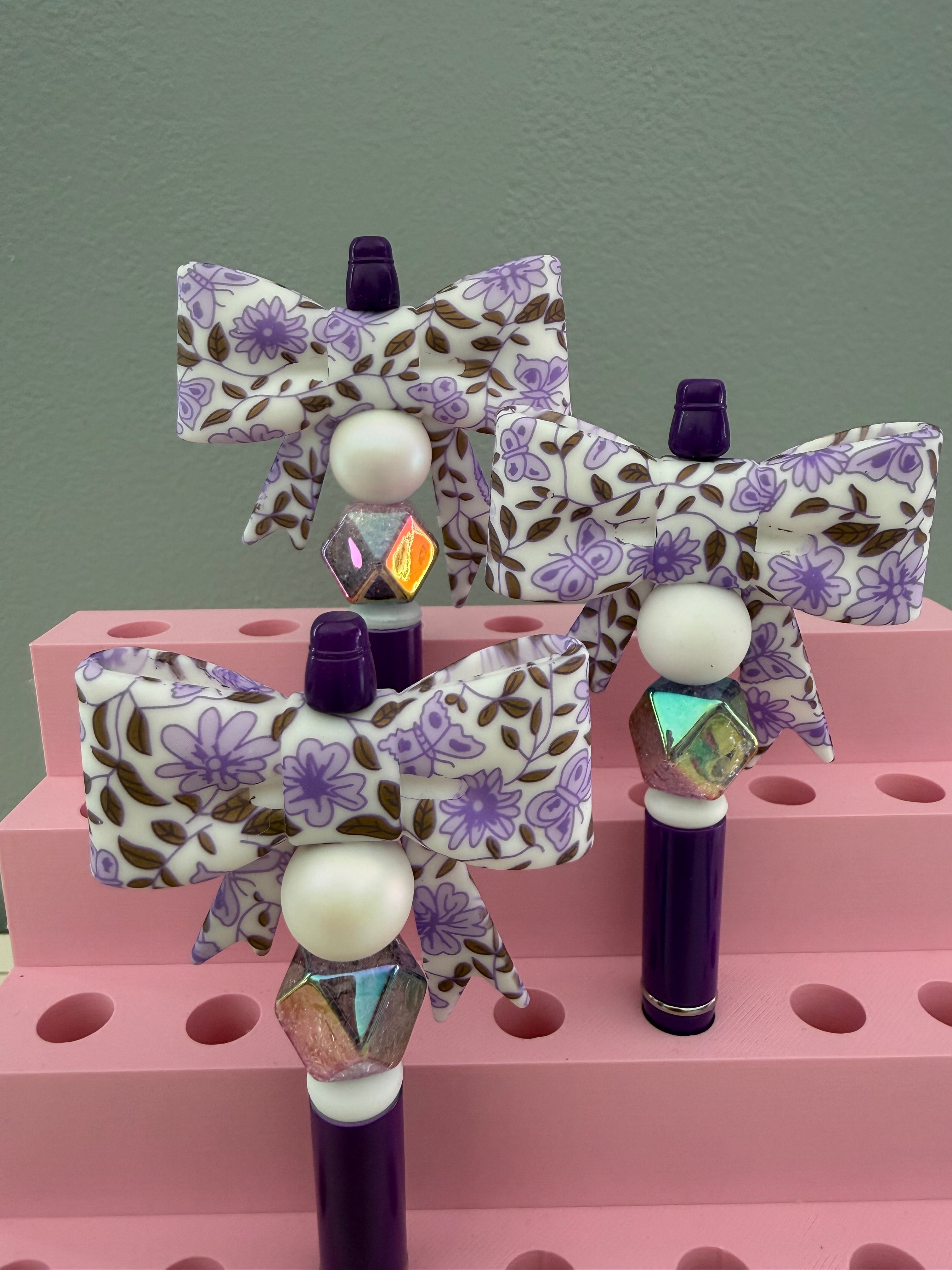 Purple Bow Beaded Pen with Flowers