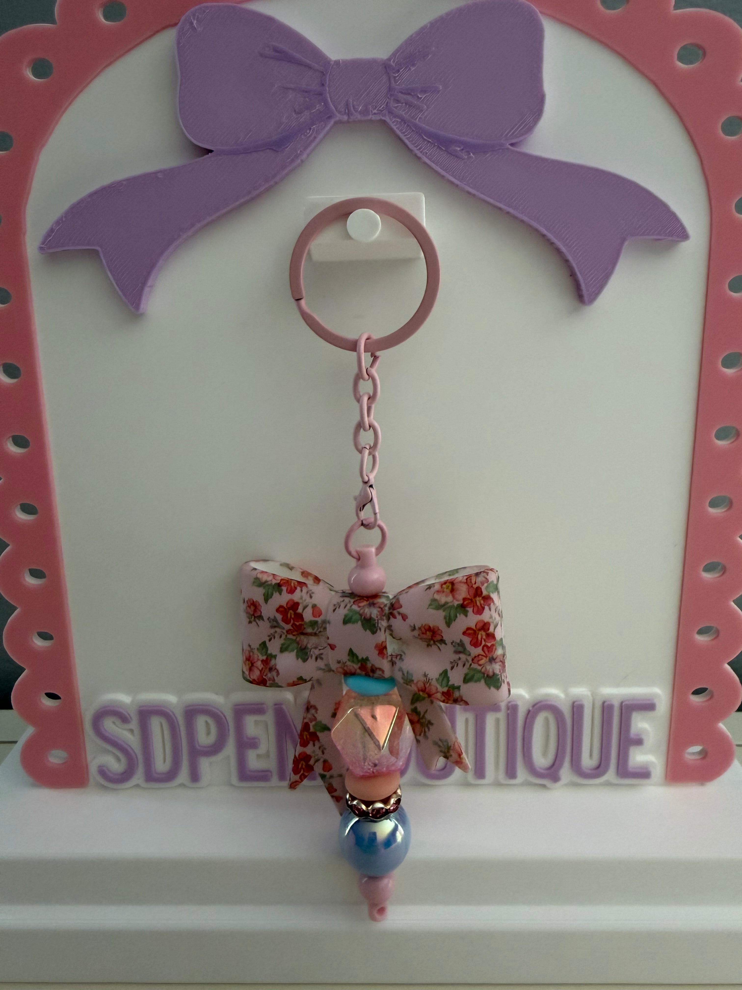Pink Flower Bow Beaded Keychain
