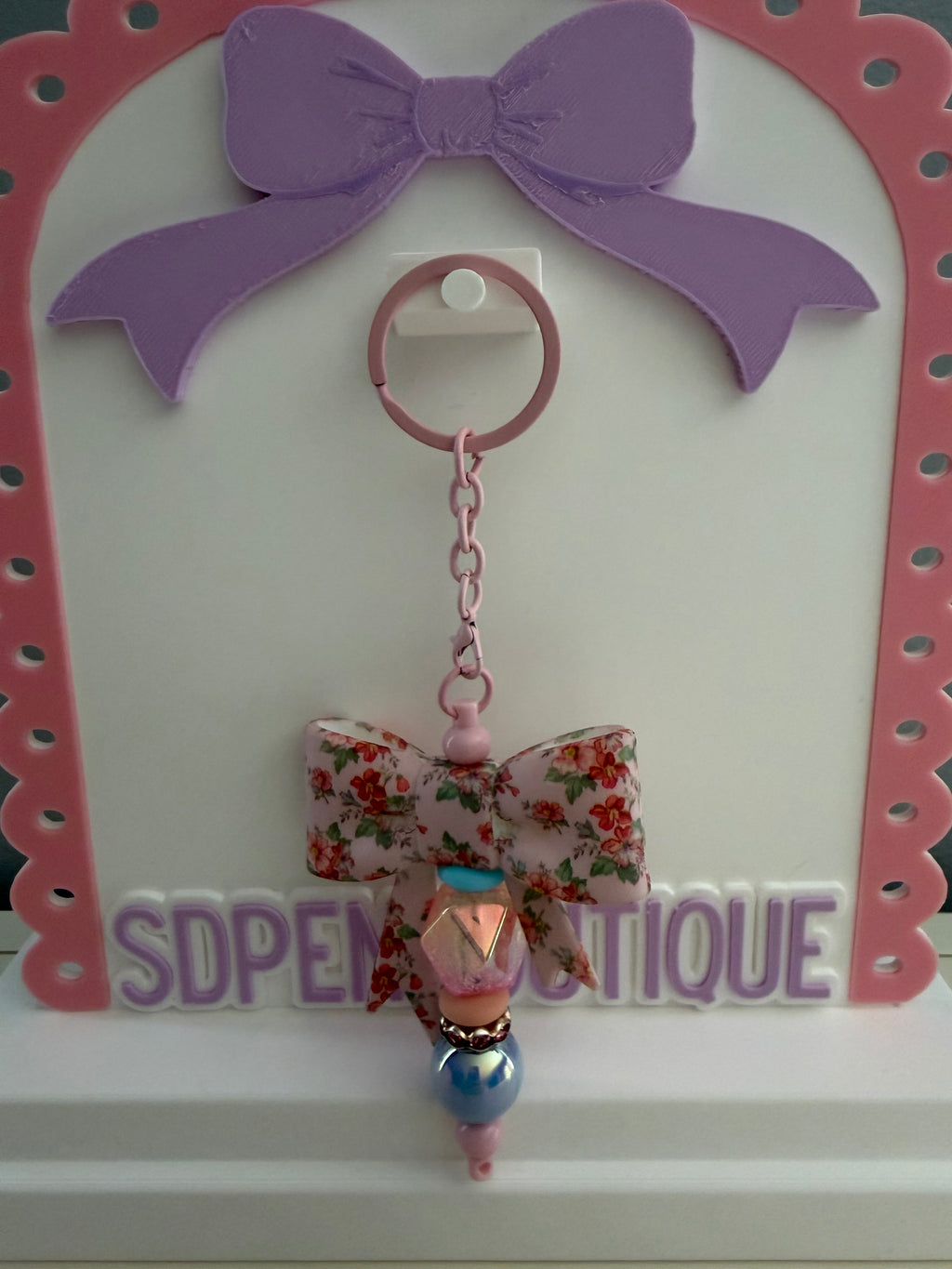 Pink Flower Bow Beaded Keychain