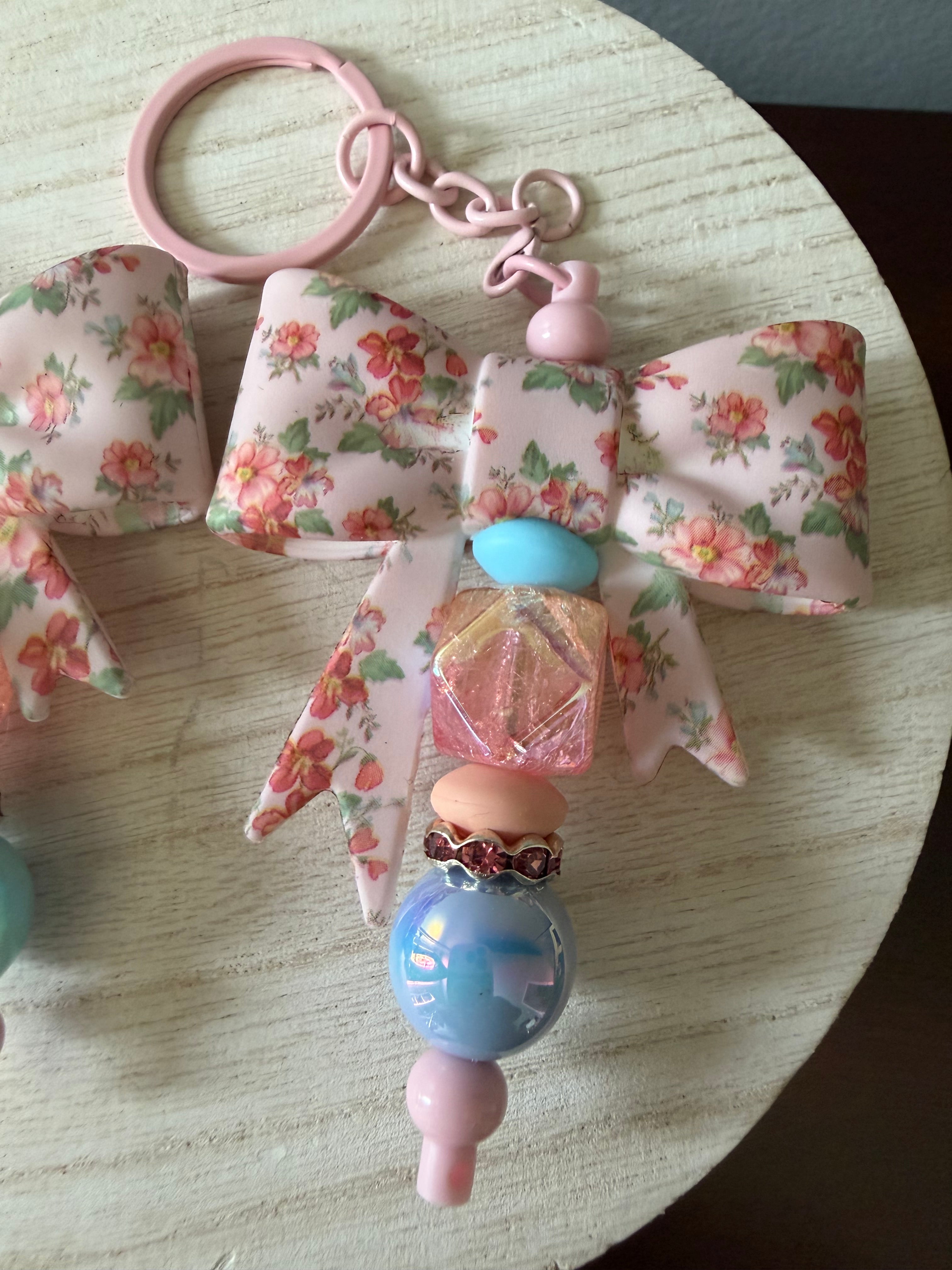 Pink Flower Bow Beaded Keychain