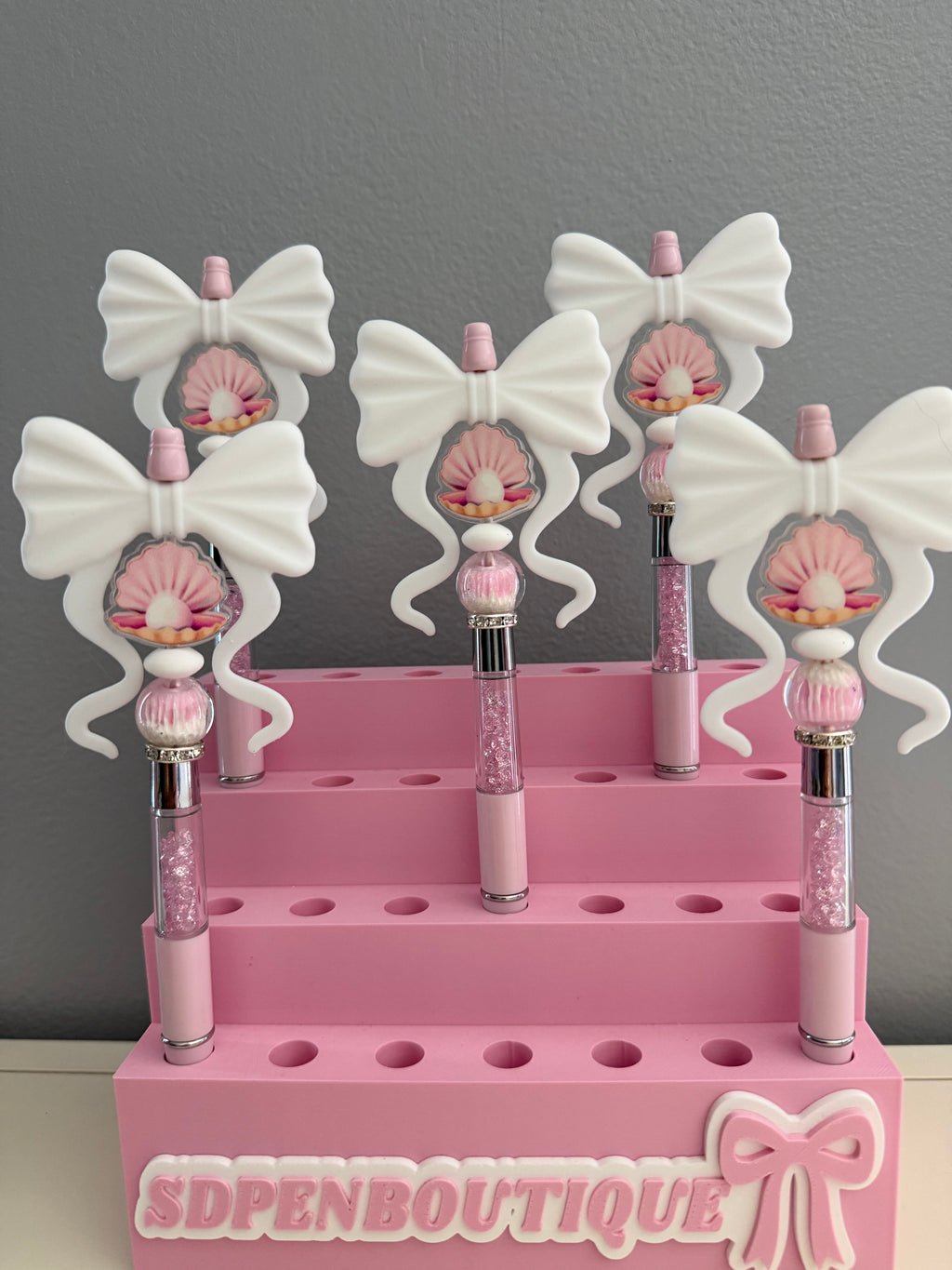 Pink Shell White Bow Gem Beaded Pen