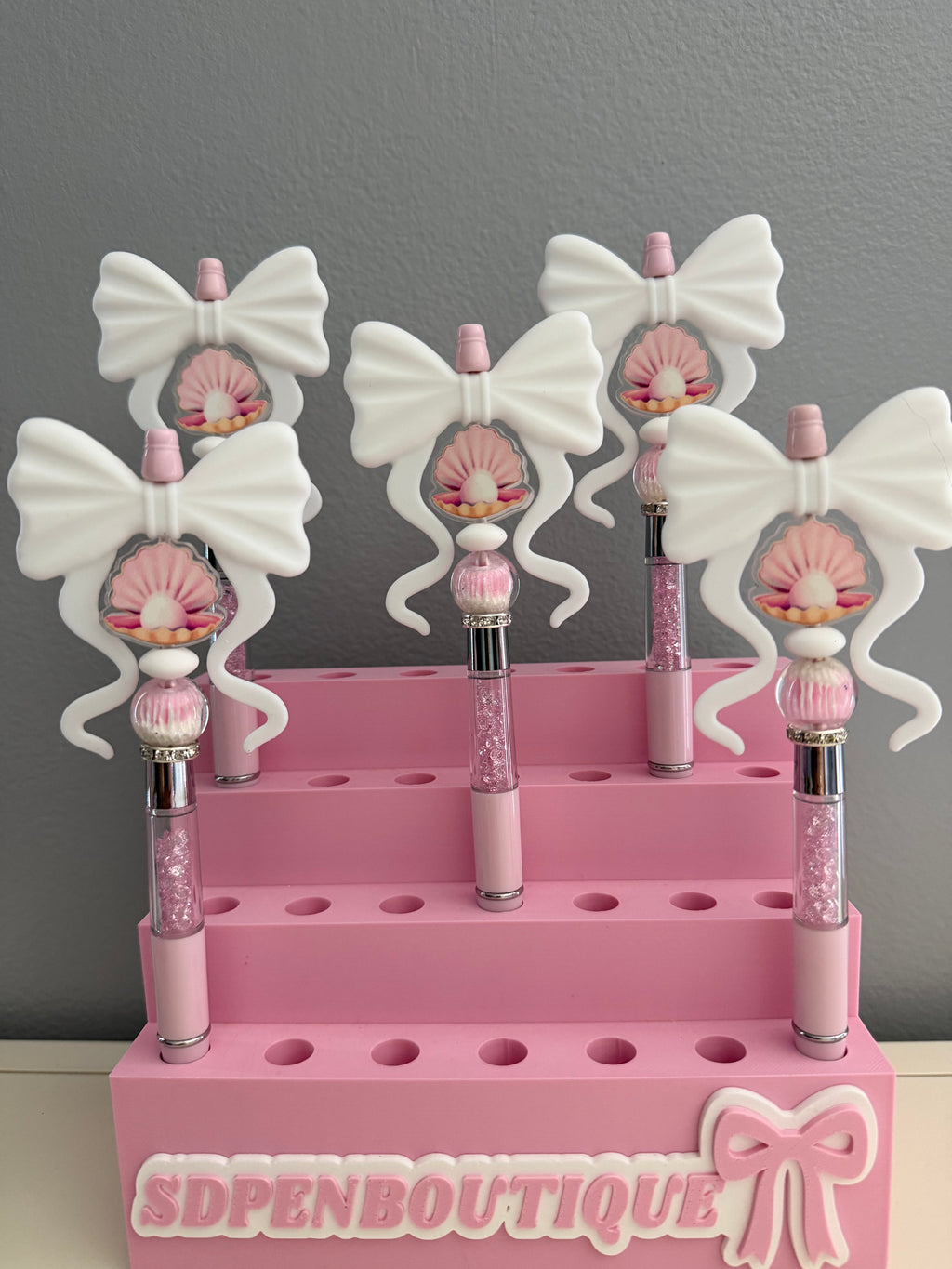 Pink Shell White Bow Gem Beaded Pen