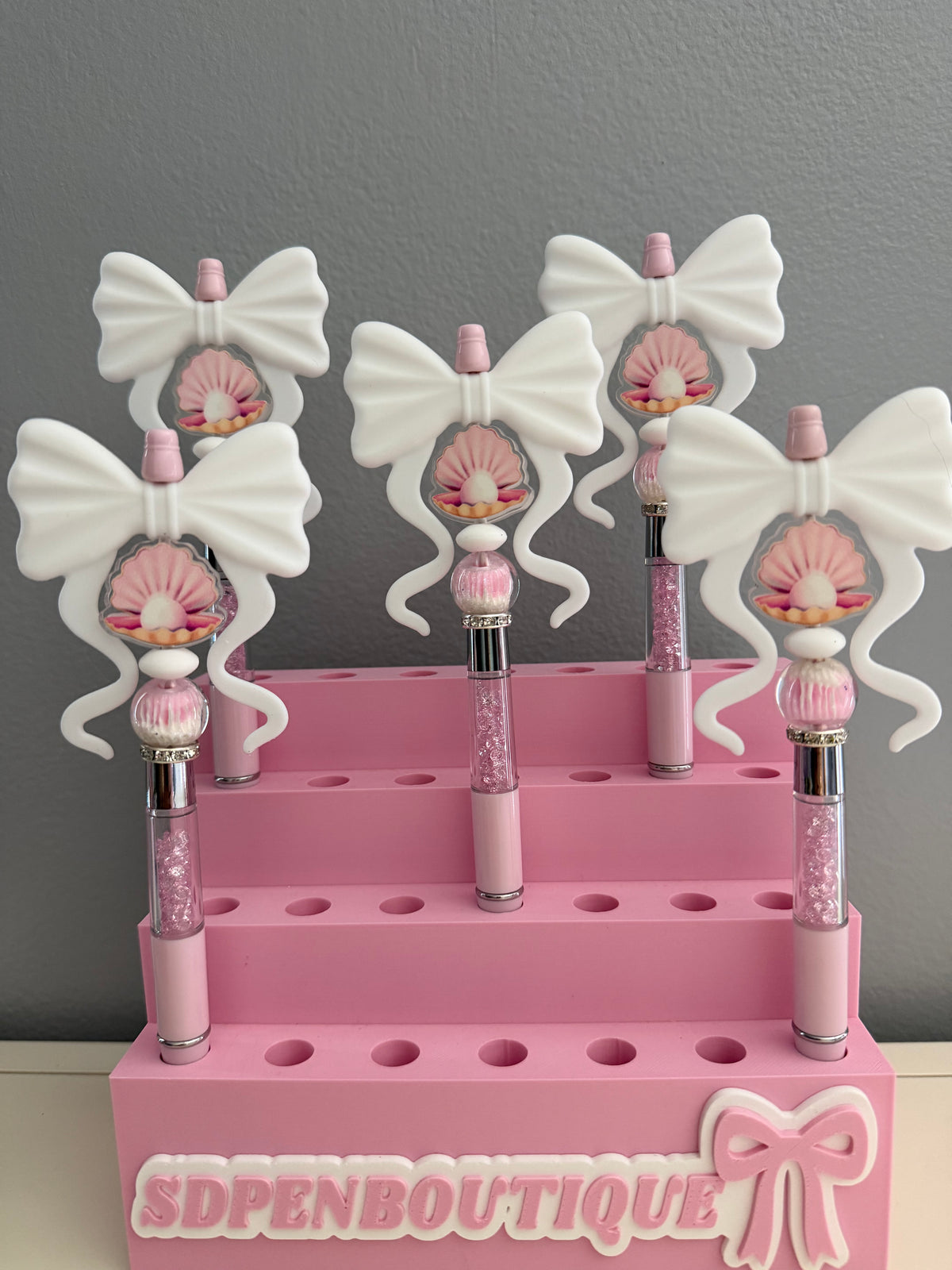 Pink Shell White Bow Gem Beaded Pen