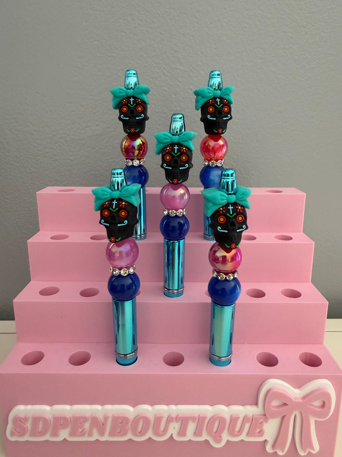 Halloween Black Skull with Pink Flowers Gem Pen