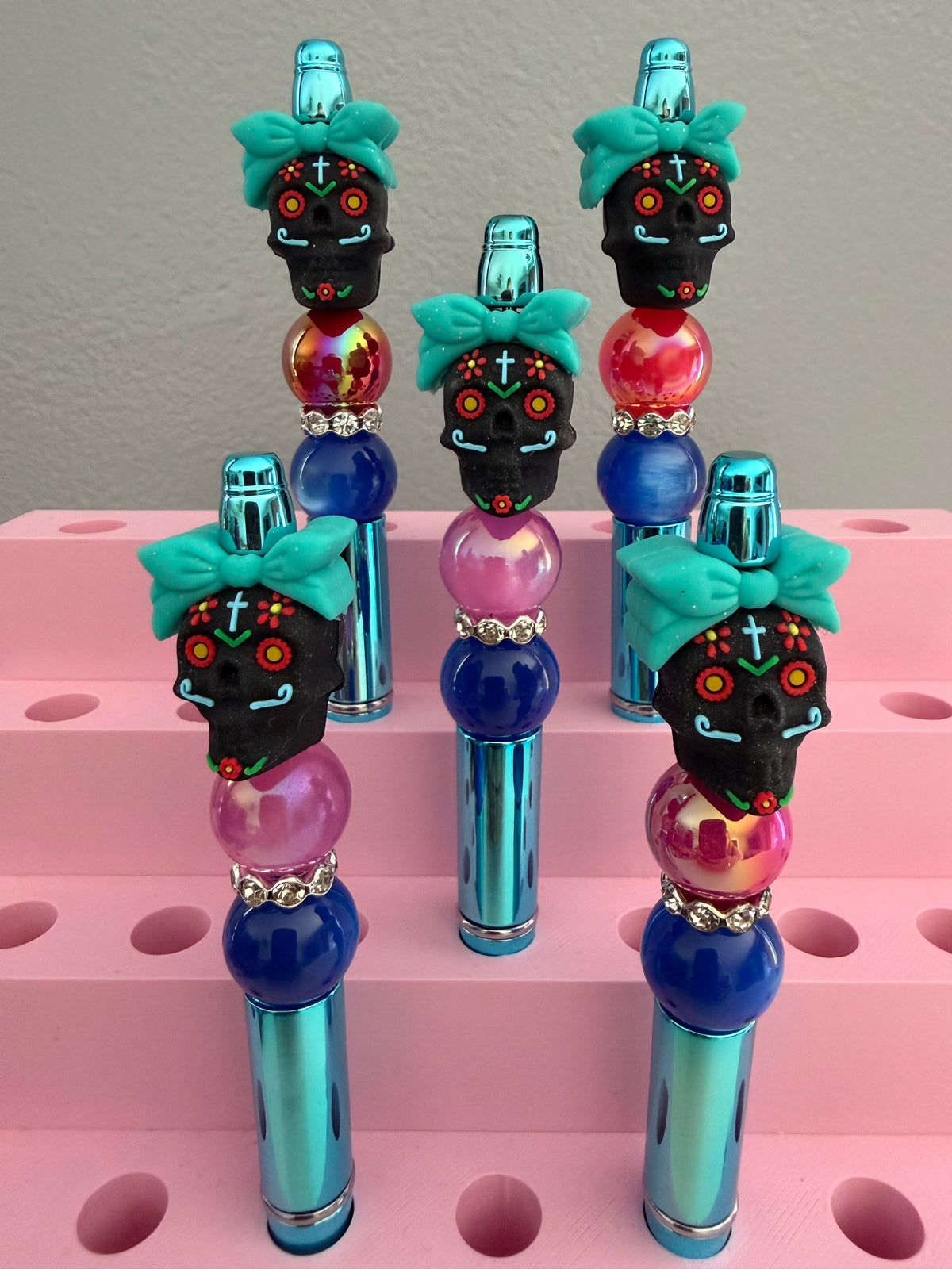 Halloween Black Skull with Pink Flowers Gem Pen