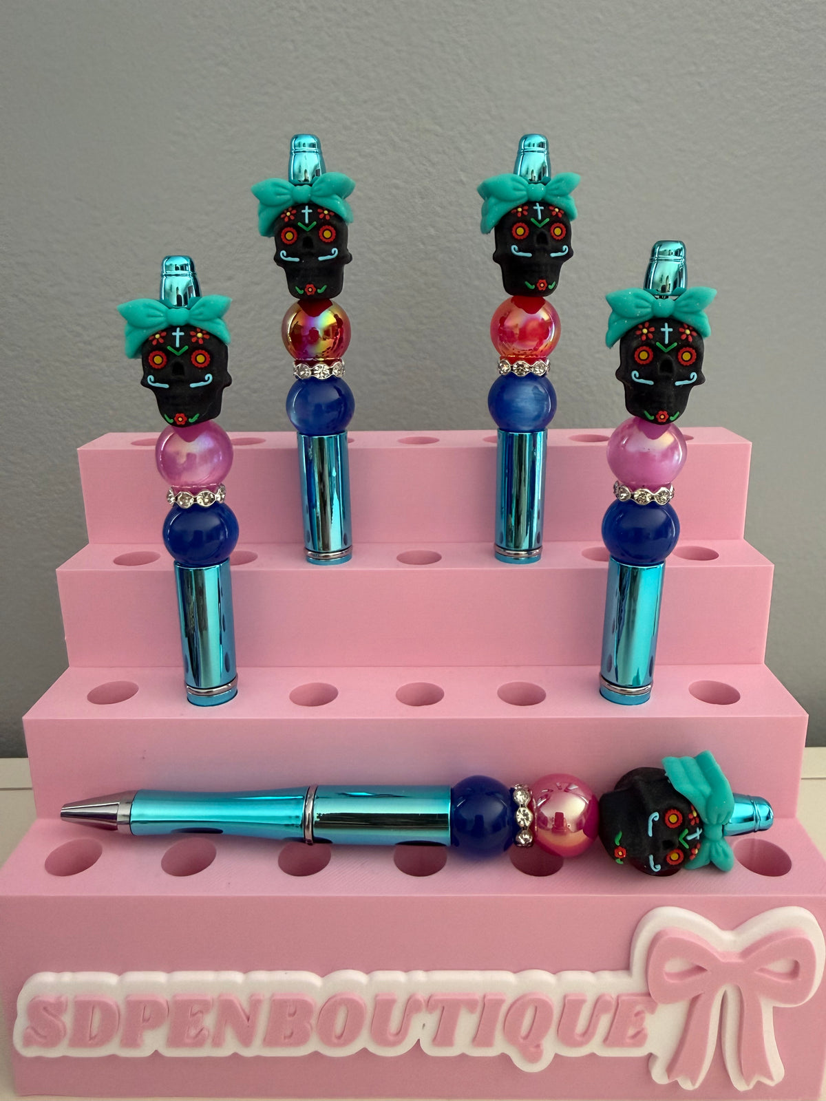 Halloween Black Skull with Pink Flowers Gem Pen