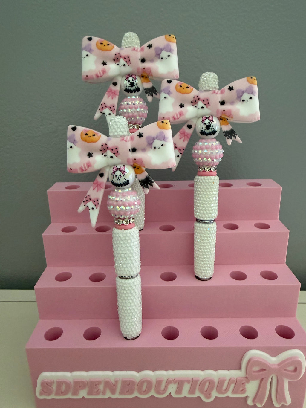 Pink Ghost Bow Beaded Pen