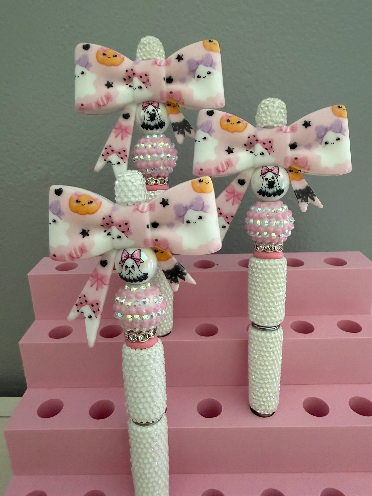 Pink Ghost Bow Beaded Pen