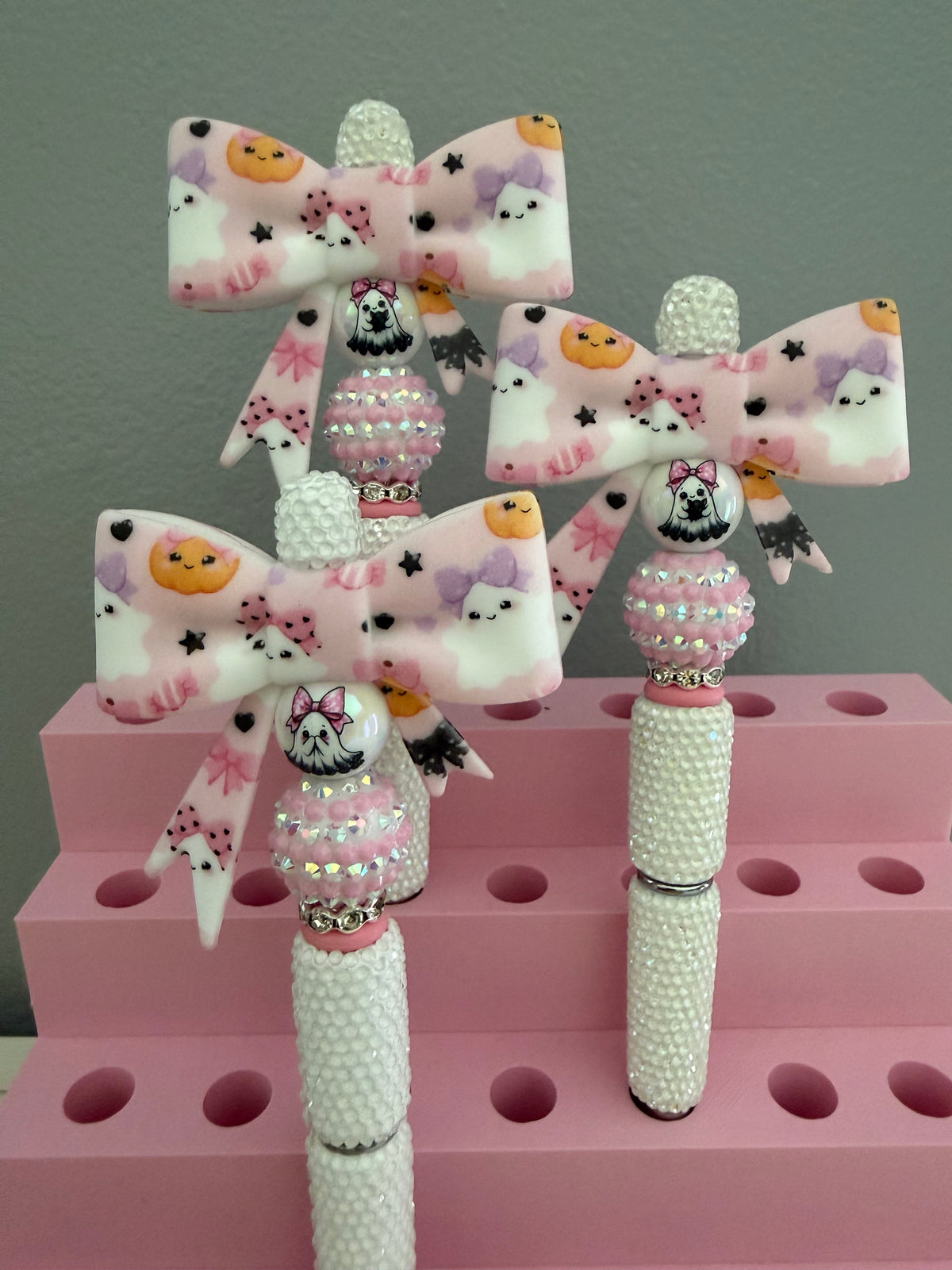 Pink Ghost Bow Beaded Pen